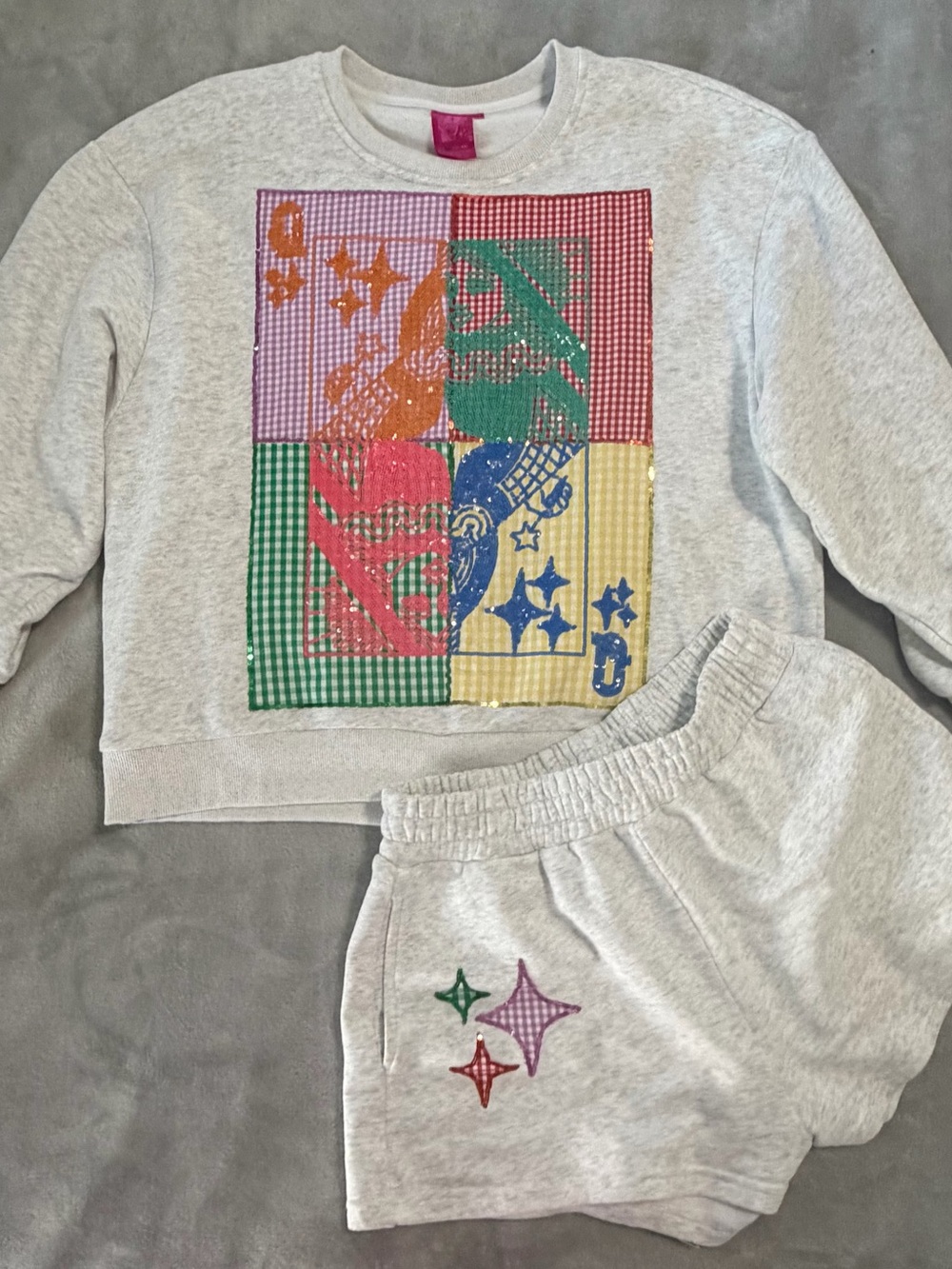 QUEEN OF SPARKLES Light Gray Patchwork Sequin Sweatshirt & Shorts Set